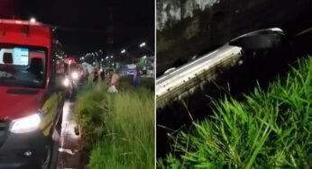 Motorista fica ferido ao cair com carro dentro de canal em Cubatão, SP; VÍDEO